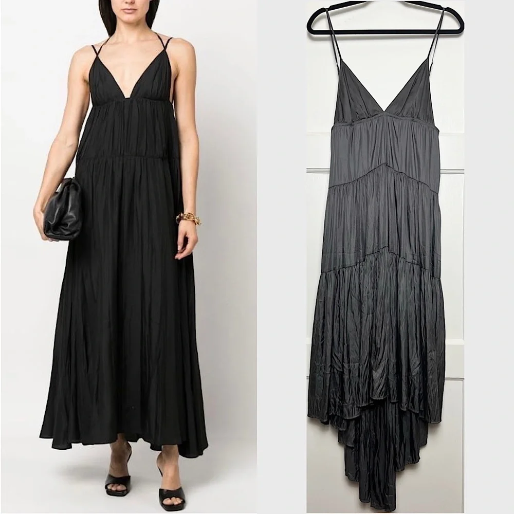 NWT L’AGENCE‎ 90s Satin Empire Waist Sleeveless Pleat Tiered Ruffle Midi Dress S
